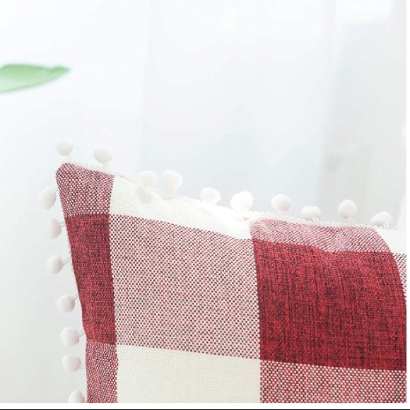 Classic Red/White Gingham Pompom Farmhouse Preppy Chic Cute Throw Pillow Covers - Picture 4 of 9